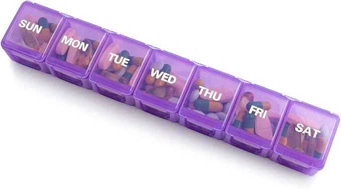 Sukuos Extra Large Weekly Pill Organizer, 7 Day Daily Pill Box Case Arthritis Friendly, Silkscreen Printed Medicine Container with Clear Lid for Vitamins, Fish Oils or Supplements (Purple)