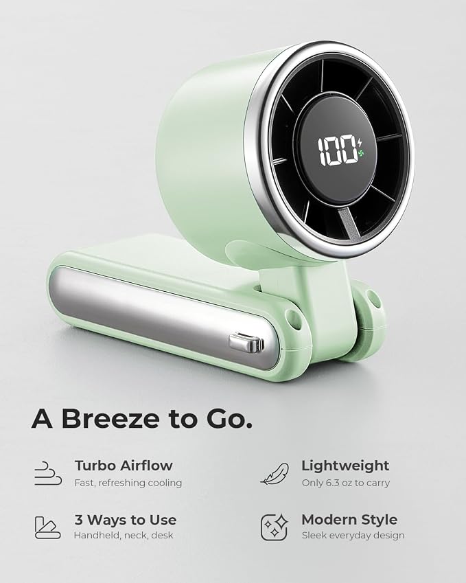 Portable Handheld Turbo Fan - 5 Gear High Speed 4000mAh Rechargeable Mini Personal Hand Fan Blow Cold Air, Battery Operated Travel Essentials, Beach Vacation, Gifts for Women, Men (Green)