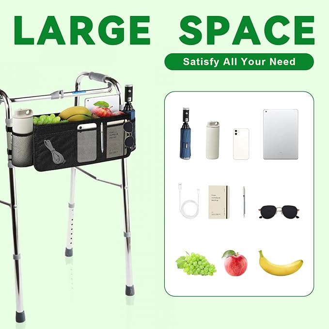 Walker Basket, Foldable Walker Bag with Cup Holder, Large Capacity, Seniors with Limited Mobility to Carry Water Bottles, Books - Black