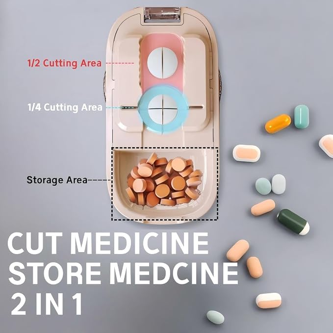 Pill Cutter,Precisely Split Small or Large Pills and Vitamins of Various Shapes with a Safe, Self-Retracting Blade (Khaki 1/2，1/4)