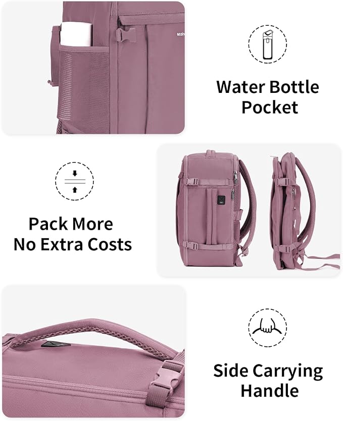 ECOHUB 17'' Small Travel Backpack, United Airlines Personal Item Bag 16.9"x10"x7.5" Carry on Backpack with USB Port Luggage Sleeve Travel Essentials for Men Women Water Resistant, Pink