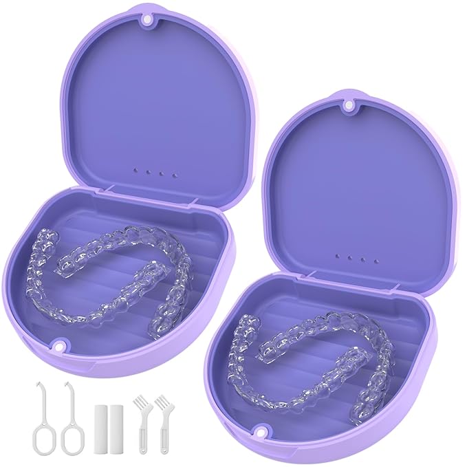 2 Pack Retainer Case, Slim Aligner Case with Vent Holes and Silicone Liner, Compatible with Invisalign, Includes Removal Tool, Brush, Chews, Purple