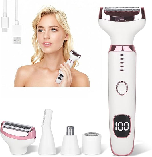 2026 Electric Razor for Women Men,4 in 1 Ladies Wet & Dry Body Razors and Facial Hair Remover,Rechargeable LED Display Hair Removal Kit for Nose Face Body Bikini Hair (Multicolor Pink)
