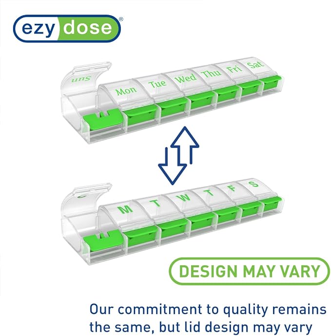 EZY DOSE Weekly (7-Day) AM/PM Daily Pill Organizer, Vitamin Case, and Medicine Container, X-Large Compartments, Arthritis Friendly, Convenient with Effortless Portability, Clear/Green Lids, BPA Free