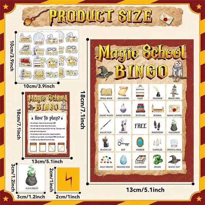 39Pcs Magic School Theme Party Bingo Game for Adults 24 Players Magical Witch Owl Bingo Cards with Reward Stickers for Family Friend Student Large Group Activities Vintage Magical Theme Party Favors
