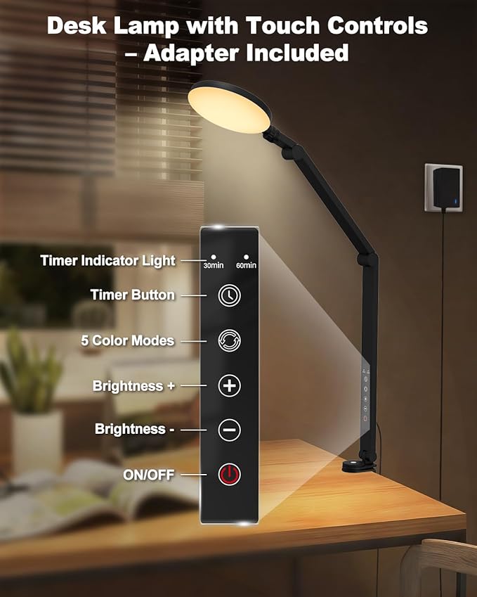 Desk Lamp, 16W LED Desk Light with Clamp & Adjustable Arm for Home Office Video Calls, Touch Control Eye-Care Light for Reading with 5 Color Temps (1700K-6000K) & 10 Brightness, Timer 0.5H/1H