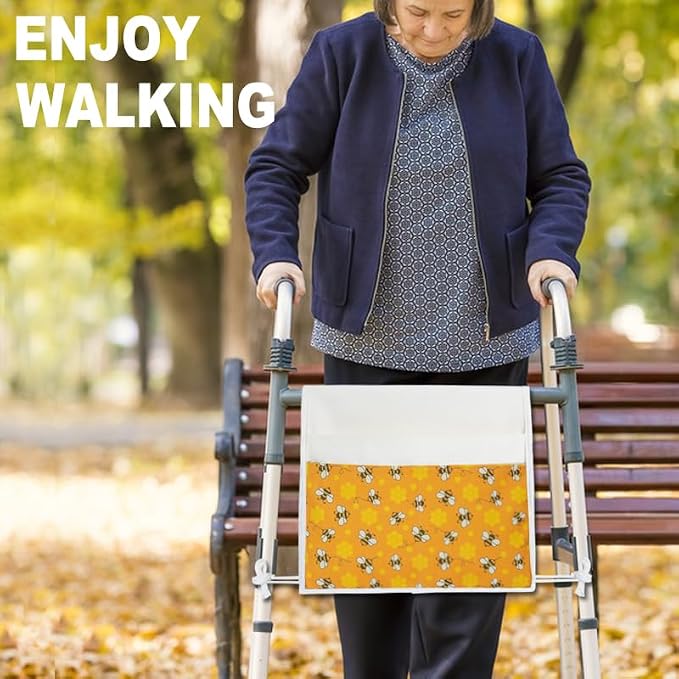 TOGETRUE Walker Bag, Easy Access Walker Storage Basket with 2 Large Pockets, Walker Accessories Bag for Folding Walker, Wheelchairs, Strollers, 13"x14.5" (Bees)