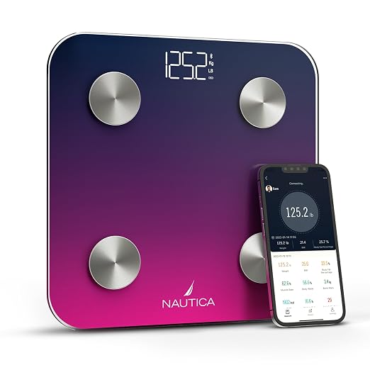 Nautica Body Tracker Digital Bathroom Scale, Bluetooth-Enabled Smart Scale with BMI, Body Fat, Muscle Mass Tracking & More, Syncs with Smartphone App for Body Composition Tracking, 396 Lbs.