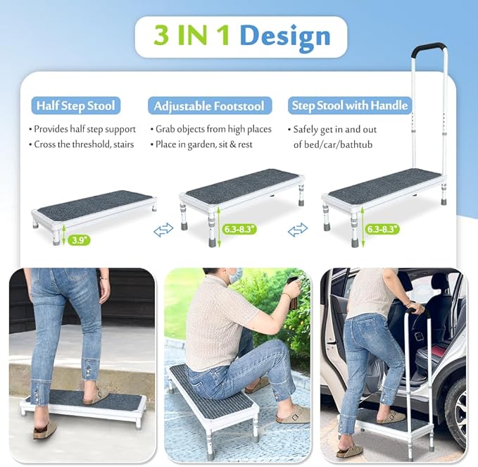 Step Stool with Handle for Elderly Adults Medical Bedside Steps for High Beds Seniors Safety Stepping Stool with Handrail Heavy Duty 400lbs Adjustable Handicap Bed Stairs Wide Platform-31