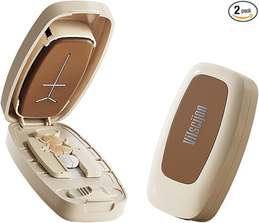 Pill Cutter Splitter for Small and Tiny Pills - Pill Cutter 1/4 - Accurately Cuts Multiple Pills - Easy Open Snap Button. Detachable Nonslip V-Shaped Pad. Wrap-Around Blade Guard. Back Storage (White)