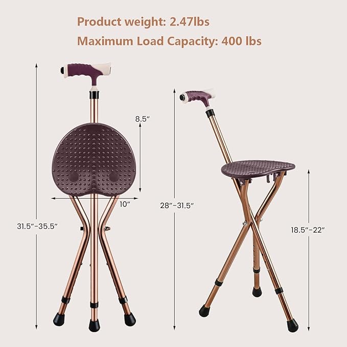 Adjustable Folding Cane with Seat Large Capacity Lightweight Crutch Chair Stool with LED Light and Retractable 3 Legs for Seniors Outdoor Travel Aids