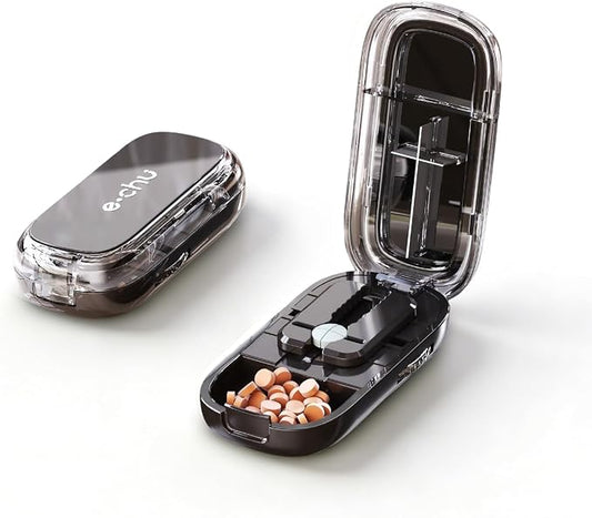 Pill Cutter Splitter for Small and Tiny Large Pills,Adjustable Pill Splitter Push-Button Cuts into 1/2, 1/3, 1/4，Comes with a Small Brush and a Medicine Storage Box (Black, 1/4 Tablet)