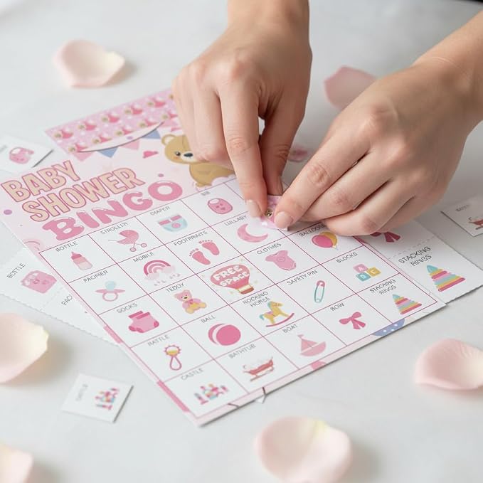 Baby Shower Bingo Game Cards Set for Guests Adults, Pink Bear Baby Shower Party Bingo Game Gender Reveal Bingo Game for Family Friends Large Group Activity, Favors Supplies Decorations