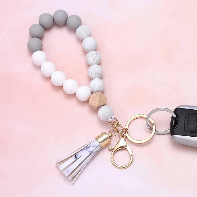 BAOSIWA Silicone Key Ring Bracelet Wristlet Keychain Unique Beaded Bangle Key Chains for Women with Leather Tassel
