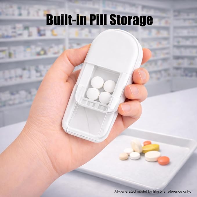 Pill Cutter and Splitter for Small and Large Pills, Vitamin Tablet Press Crusher, Pocket Pill Organizer with Safety Blade Guard, Portable Divider for Travel Use – White