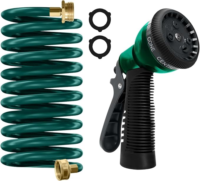 Coil Hose 10FT EVA Coil Garden Hose With 3/4'' Brass Connector Coiled Water Hose Lightweight And No Kink Includes 7 Patterns Spray Nozzle For Outdoors Lawn Watering Car Washing