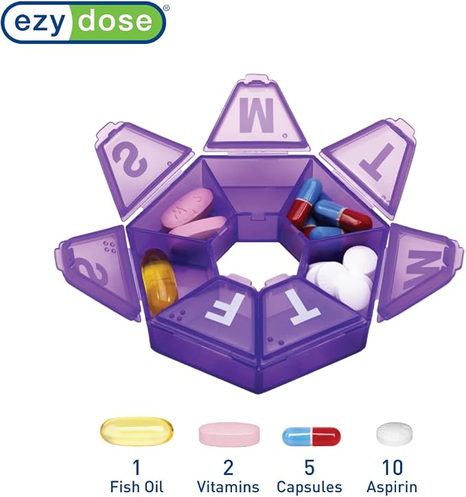EZY DOSE 7-Day Weekly Pill Organizer, Daily Medicine Container and Vitamin Planner, Round Supplement Case, Compact, Travel Friendly, Portable Storage Sorter, 7-Sided Circle, Purple, BPA Free