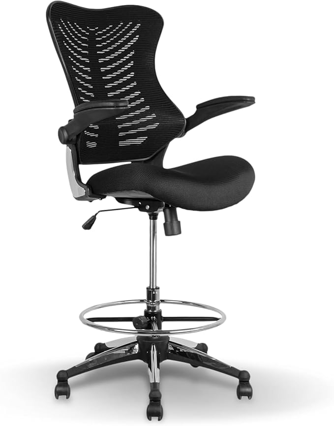 OfficeFactor 300 Lbs Ergonomic Drafting Chair Tall Office Chair Standing Desk Chair Flip up Armrests Molded Foam Seat with Adjustable Footrest Ring Lumbar Support (Black MESH Fabric)