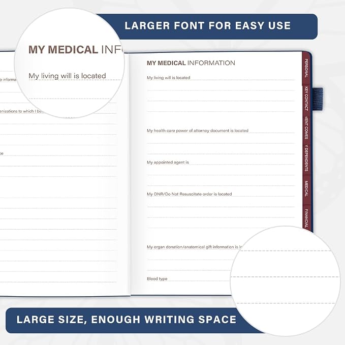 Molekaus End of Life Planner with Tabs, 7"x10" | Guided Estate Planning Organizer, Large Print, 120GSM Thick Paper, Inner Document Pockets for Final & Legal Affairs
