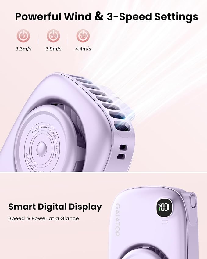 Gaiatop Mini Neck Fan, LED Makeup Mirror, Power Display Portable Fan Purple | 3 Speeds, 360° Rotate Mirror for Handheld Desk Use, Rechargeable Small USB Fan, Personal Cooling Travel Essentials Women Gift