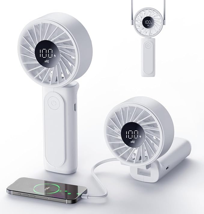 Peiyuu Handheld Portable Fan, 4000mAh USB Rechargeable Personal Fan, 180° Foldable Mini Desk Fan with 6 Wind Speed, LCD Digital Display, Lanyard as Neck Fan, Ultra Quiet
