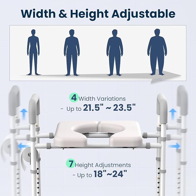 Raised Toilet Seat with Handles - Toilet Seat Riser for Seniors with Adjustable Width & Height, 400 lbs Elevated Toilet Seat Riser for Handicap, Disabled and Pregnant, Fit Any Toilet-Grey