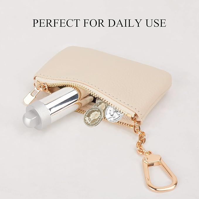 Full Grain Leather Coin Purse with Key Chain - Small Change Purse Keychain Card Holder Keychain Pouch Small Keychain Wallet for Women and Men (Creamy-white), LA-2312