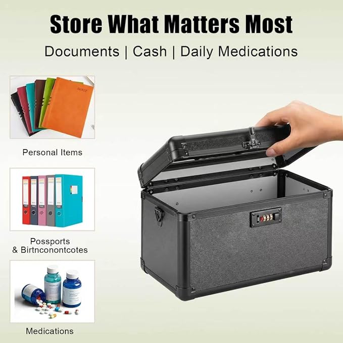 Small Lock Box with Combination Lock – Portable Lockable Storage Box for Medicine, Cash & Personal Items, Childproof Security Case for Home Dorm Office, 10.2x6.8x6.9 Inch, Black