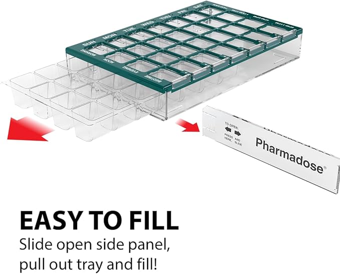 EZY DOSE Pill Organizer Weekly (7-Day), Medicine Planner, Vitamin Box, Small Compartments with Easy Fill Tray Case, 4 Times a Day, Clear Lids, Easy to Use Containers, Green, BPA Free
