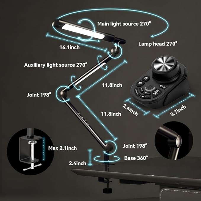 Dual Light Source LED Desk Lamp - Clamp Mount Office Table Light with Knob Remote Control, Adjustable Brightness & Color Temperature, 5 Lighting Modes for Reading, Computer, DIY
