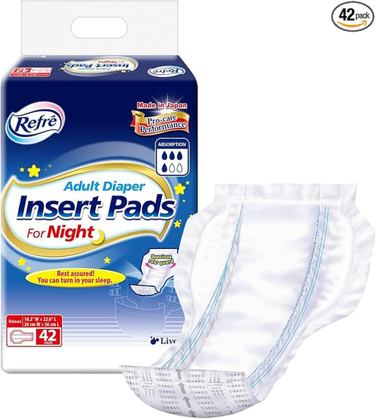 Refré Adult Diaper Insert Pads for Night - Unisex Protective Underwear Liners for Overnight Protection - Booster Pads for Tabbed Briefs - Odor Control Adhesive Incontinence Pads - 11"x 19.3" - 42 Ct