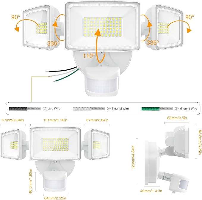 Onforu 3 Pack 75W Motion Sensor Outdoor Lights, 7000lm Dusk to Dawn Flood Light, LED Security Light with 3 Head, IP65 Waterproof Exterior Floodlight, 6500k Wall Light for Entryway Stairs Yard Garage