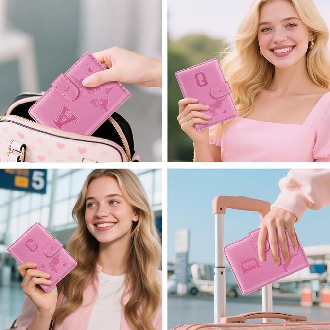 Passport Holder Cover Initial Letter A-Z Travel Wallet Personalized | Travel Essentials, Embossed Design, RFID Blocking, Personalized Gift, Passport Book Holders for Women and Girls, Pink-Q