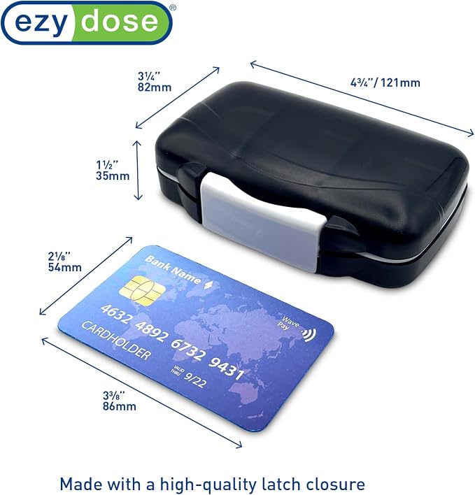 EZY DOSE Moisture-Proof Portable Pill Dispenser, Pocket Purse Organizer, Pharmacy Box, Travel Medication Holder, Latch-Closure to Secure Contents, Oversized Compartments, Airtight Seal, Medium, Black