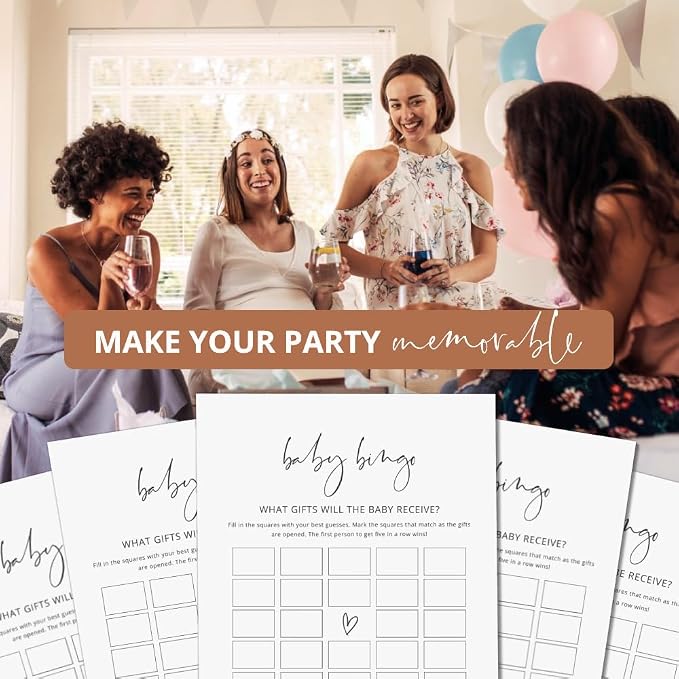 GardenCity Baby Shower Bingo Game - Baby Gift Bingo with Word Scramble, Blank Squares, 50 Cards (Minimalist)