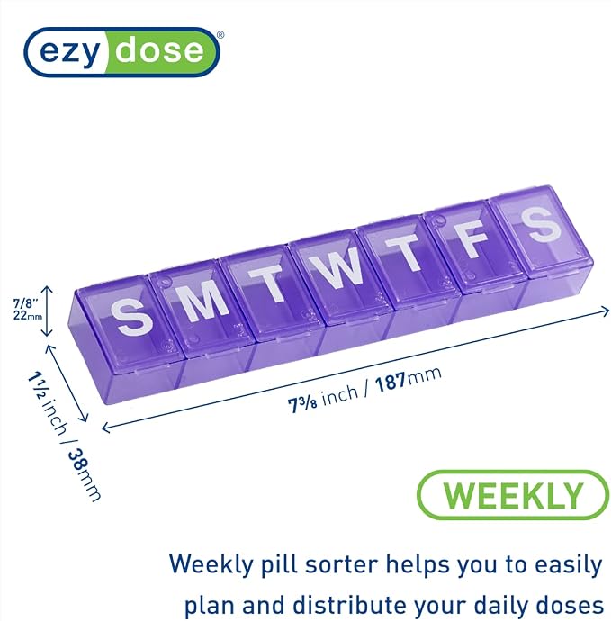 EZY DOSE Weekly (7-Day) Pill Case, Medicine Planner, Vitamin Organizer Box, Convenient and Easy to Use, X-Large Compartments, Travel Friendly, Purple, BPA Free