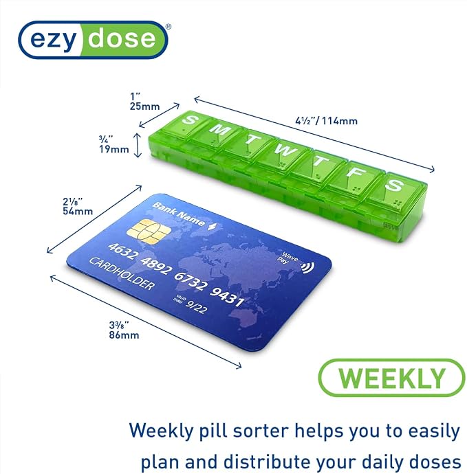 EZY DOSE Weekly (7-Day) Pill Planner, Medicine Case, Vitamin Organizer Box, Small Locking Compartments to Secure Prescription Medication and Prevent Accidental Spilling, Green