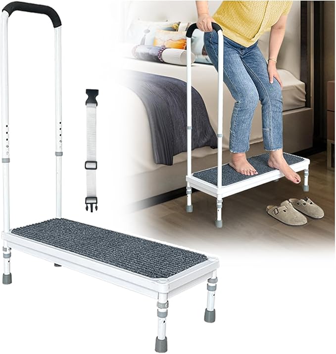 Step Stool with Handle for Elderly Adults Medical Bedside Steps for High Beds Seniors Safety Stepping Stool with Handrail Heavy Duty 400lbs Adjustable Handicap Bed Stairs Wide Platform-31