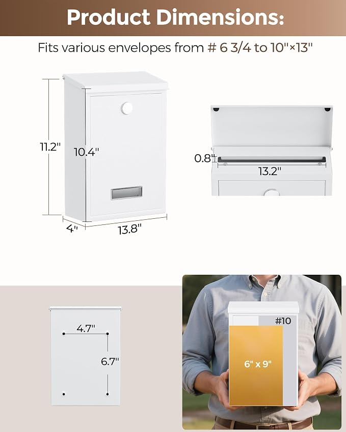 LAND·VOI Locking Wall-Mount Mailbox for Outside, with 4 Keys, Galvanized Steel Rustproof Metal Postbox, 3.1" Dx7.5 Wx10.8 H, Includes 3 Sets of Mailbox Numbers, Nameplate,White