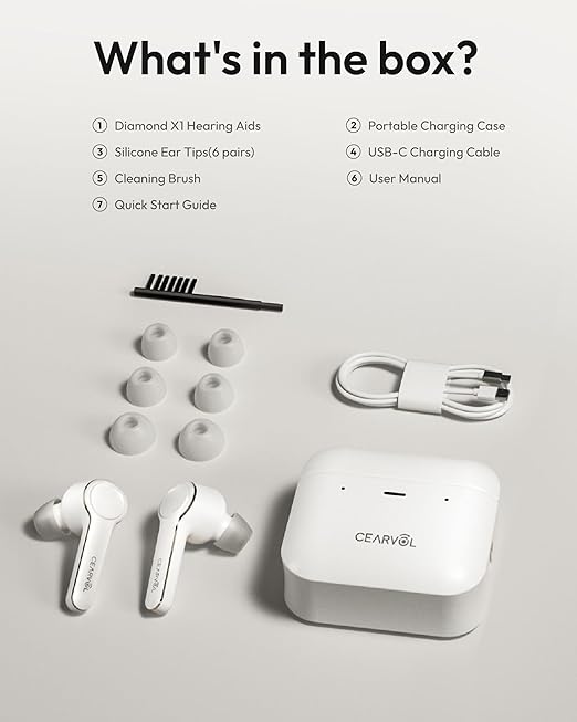Cearvol Diamond X1 OTC Hearing Aids with Bluetooth Rechargeable App Control Noise Reduction Long Battery Life Comfort Fit for Mild to Moderate Hearing Loss, White