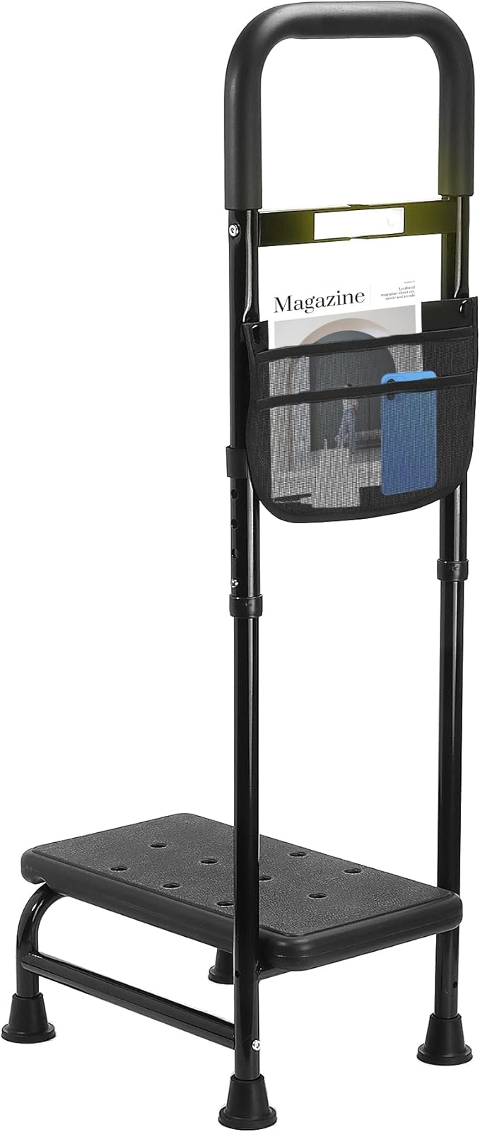 Step Stool with Handle – One Step Foot Stool for Adults, Non-Skid Bed Steps for High Beds, Adjustable Handrail with Night Light & Storage Bag, Safe Step Stool for Seniors & Elderly