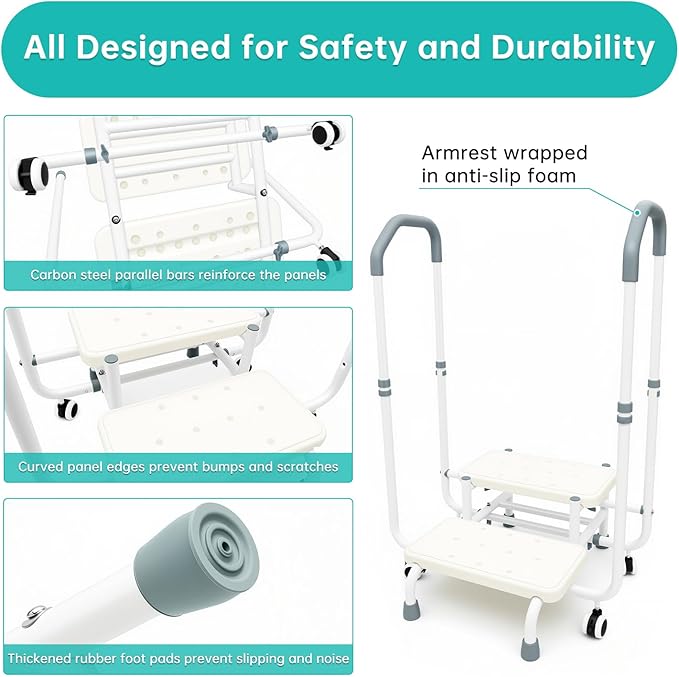 2-Step Stool with Double-Side Handrails & 4 Casters for Elderly, Bed Steps for High Beds for Adults, Non Slip Platform and Adjustable Handrail, for Kitchen Bathroom RV Bathtub, Assist Rail gray