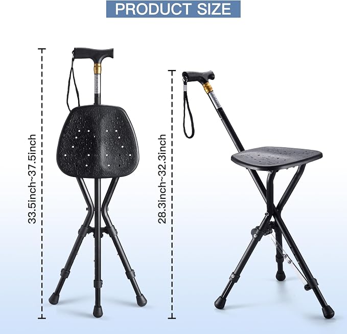 Anti-Slip Walking Cane with Seat Folding Lightweight,Walking Stick Height Adjustment,Portable and Sturdy Cane Chair for Travel Outdoor Use, Queuing, Elderly Women and Men
