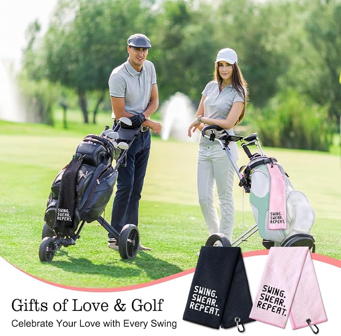 DYJYBMY Swing Swear Repeat Funny Embroidered Golf Towel Set, Pink Golf Accessories for Women Men, Birthday Anniversary Golfing Gifts for Husband Wife Couple, Retirement Gifts for Golfer Family Friend
