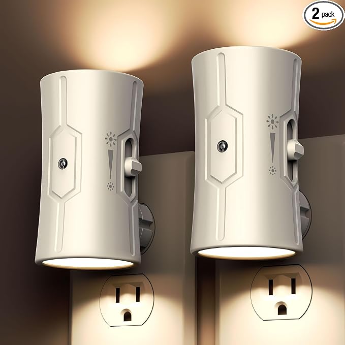 fesnne Night Light, LED Night Lights Plug into Wall, [2 Pack] Warm White 3000K, 0-100LM Adjustable Brightness Light Sensor Nightlights Plug in wall for Hallway, Bathroom, Adults, Neutral Beige