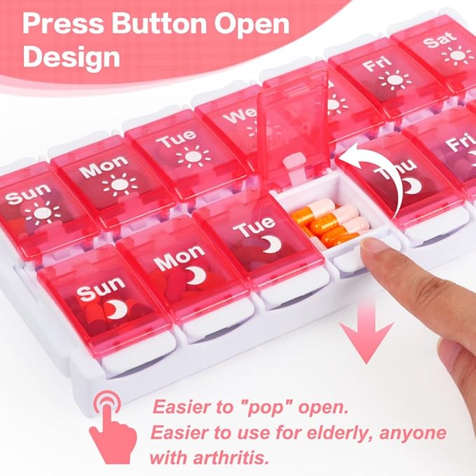 Shintop Weekly Pill Organizer 2 Times, Pink Pill Box Push Button Daily Vitamin Case Easy Fill Morning Night Medicine Organizer for Fish Oil Supplements