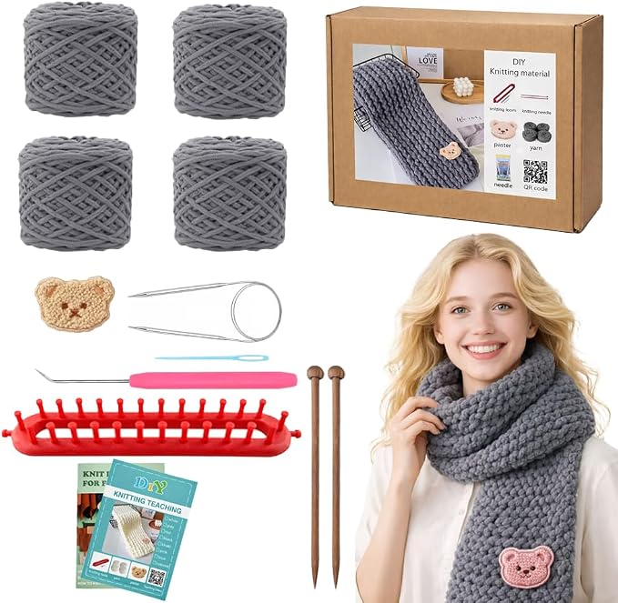 Novelchet Knitting Loom Kit for Scarf, Easy Knitting Set with Instructions | Learn to Knit kit Including Knitting Needles Set Plush Yarn