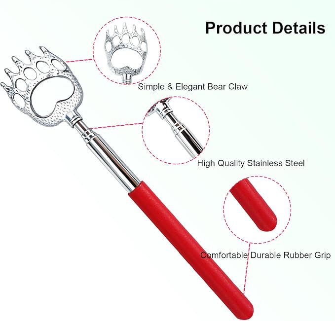2 Pcs Back Scratcher Extendable | Metal Bear Claws Back Scratchers,Backscratche for Men, Women,Adults,Christmas Stocking Stuffers (Red)