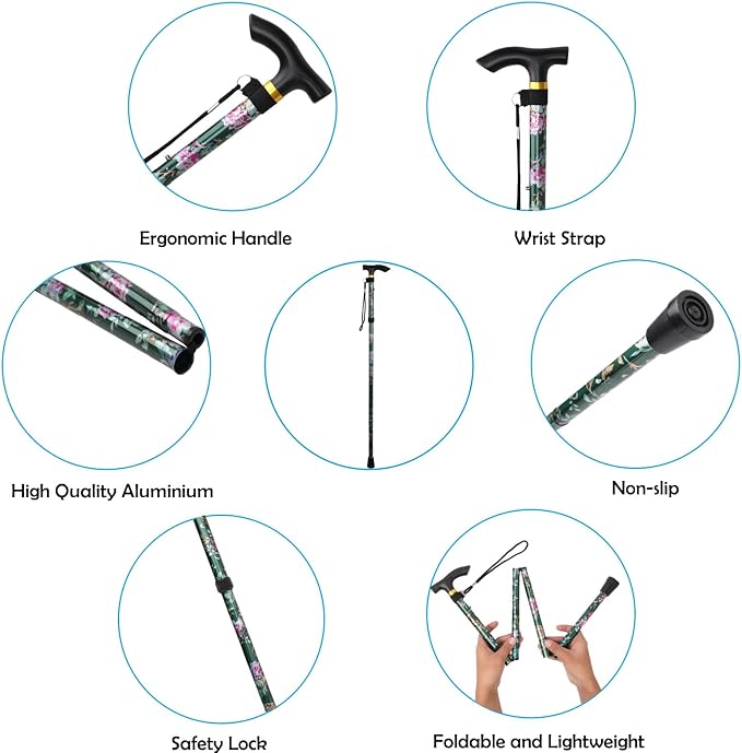 Folding Lightweight Walking Stick - Adjustable Aluminum Metal Collapsible Travel Cane with Non-Slip Rubber Base