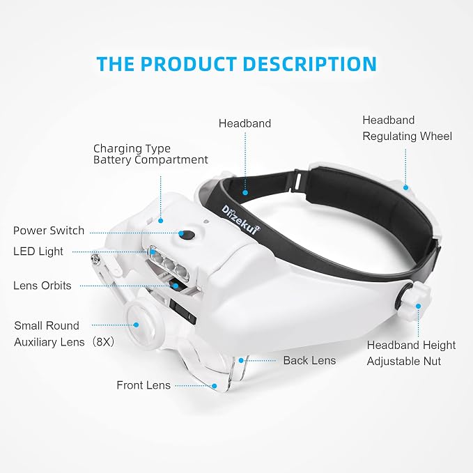 Dilzekui Magnifying Glass with Light 1X-14X, Rechargeable Headset Magnifier | 2 Lens Slots,Detachable Acrylic Magnifying Glasses Lens, Adjustable 2 Lightness, Head Magnifier for Close Work Jewelry Crafts